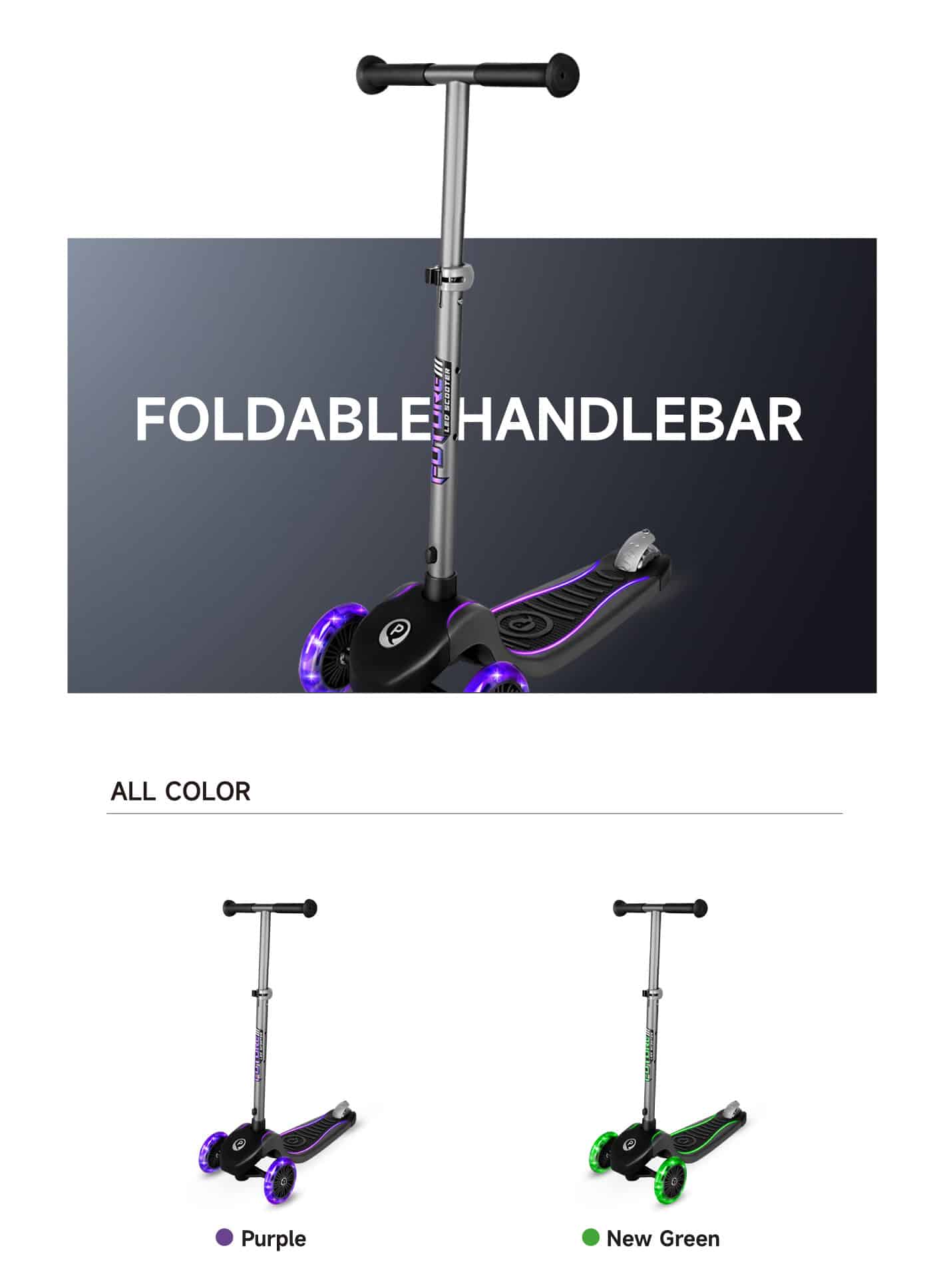 德國 Qplay ECO Future 炫光兒童滑板車，LED 發光輪、可摺疊三輪設計，適合3至8歲兒童